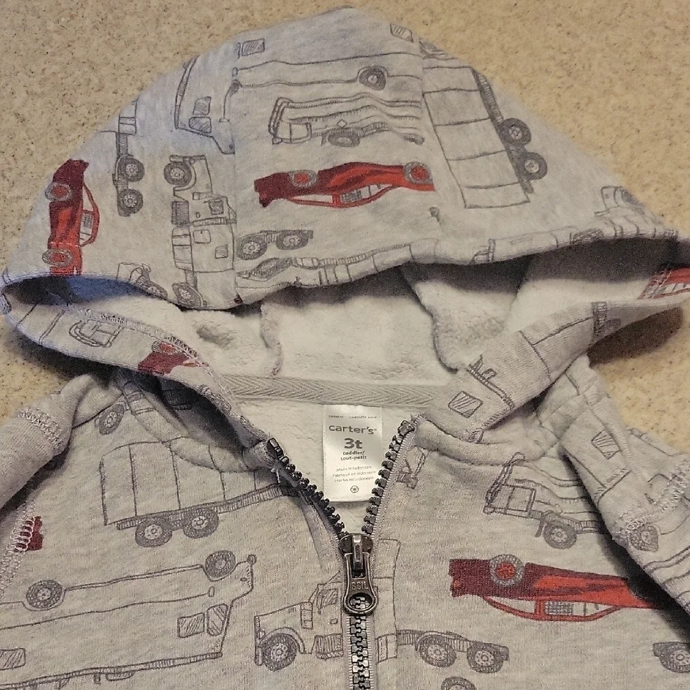 Carter's Toddler Gray Zip Up Hoodie with Vehicle Print Size 3T
